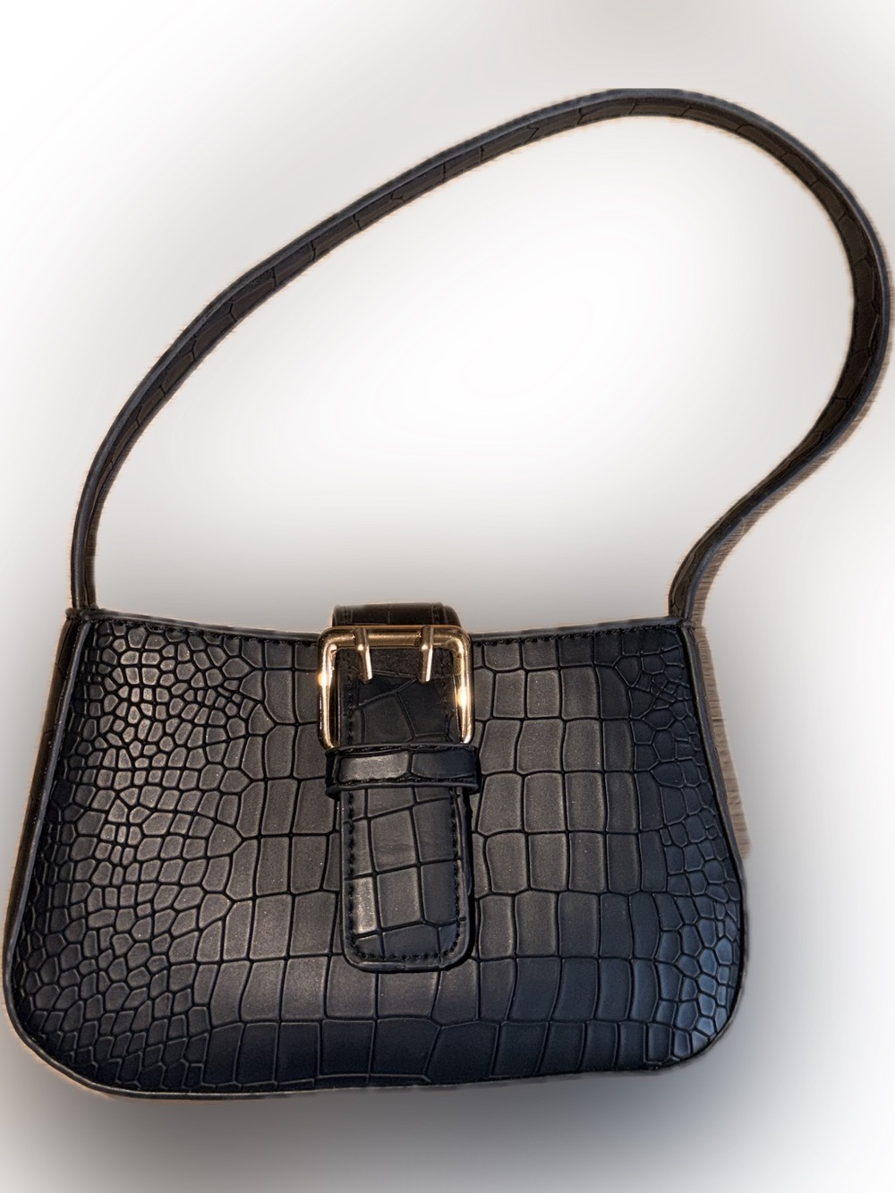 Black Croc-Embossed Shoulder Bag with Gold Buckle